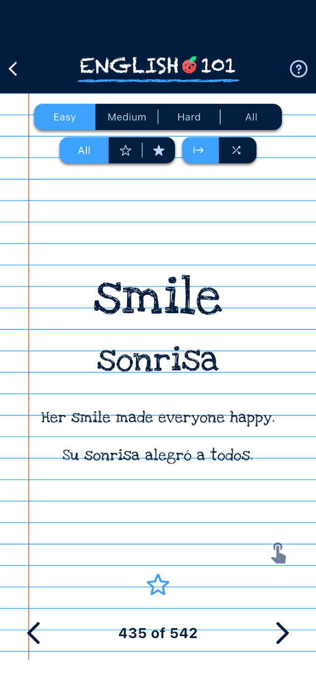 Tarjetas de estudio de English Miss sobre papel de cuaderno