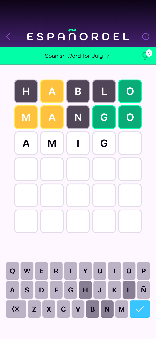 Españordel daily Spanish word puzzle board