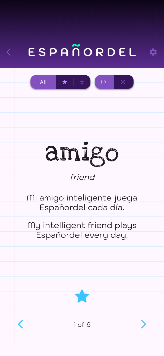 Españordel study list with word meanings and example sentences