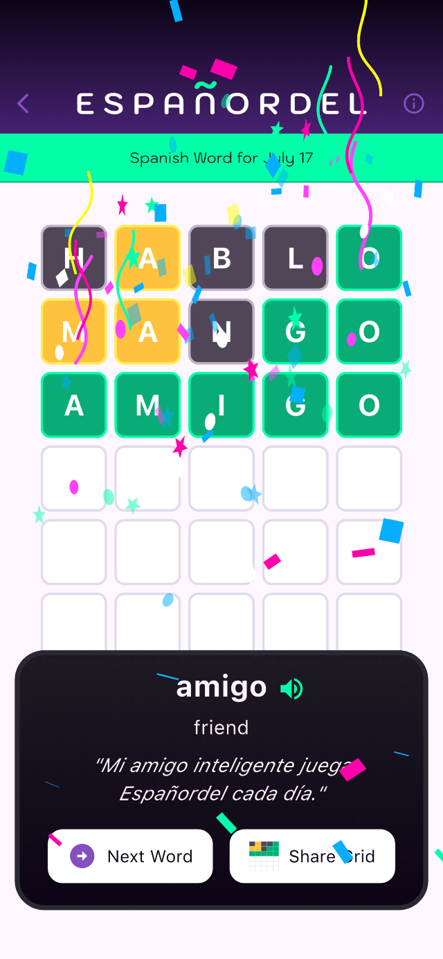 Españordel solved puzzle with confetti and streak